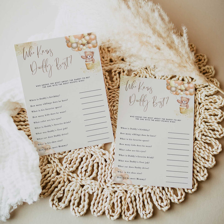 Fully editable and printable baby shower who knows daddy best game with a hot air balloon teddy bear, we can bearly wait design. Perfect for a We Can Bearly Wait baby shower themed party