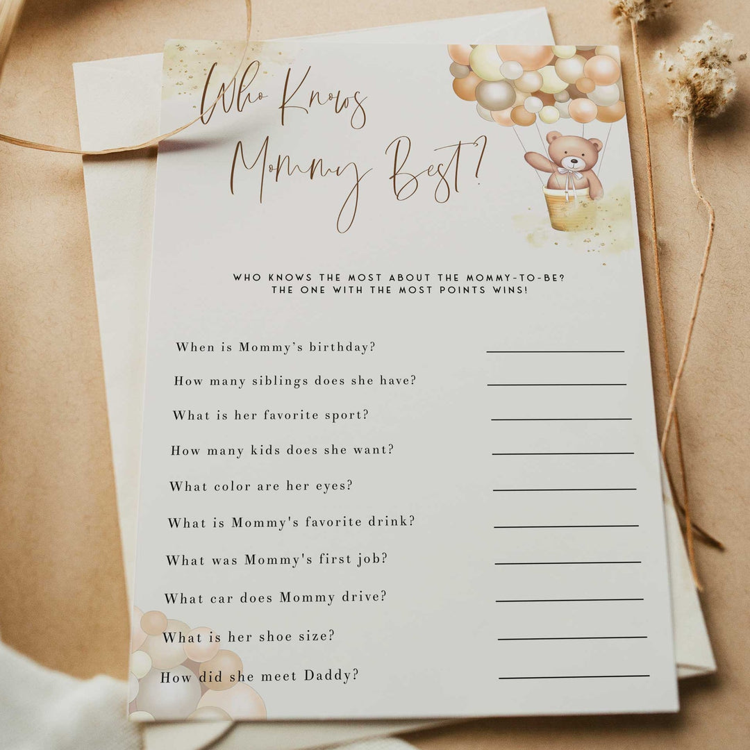 Fully editable and printable baby shower who knows mommy best game with a hot air balloon teddy bear, we can bearly wait design. Perfect for a We Can Bearly Wait baby shower themed party