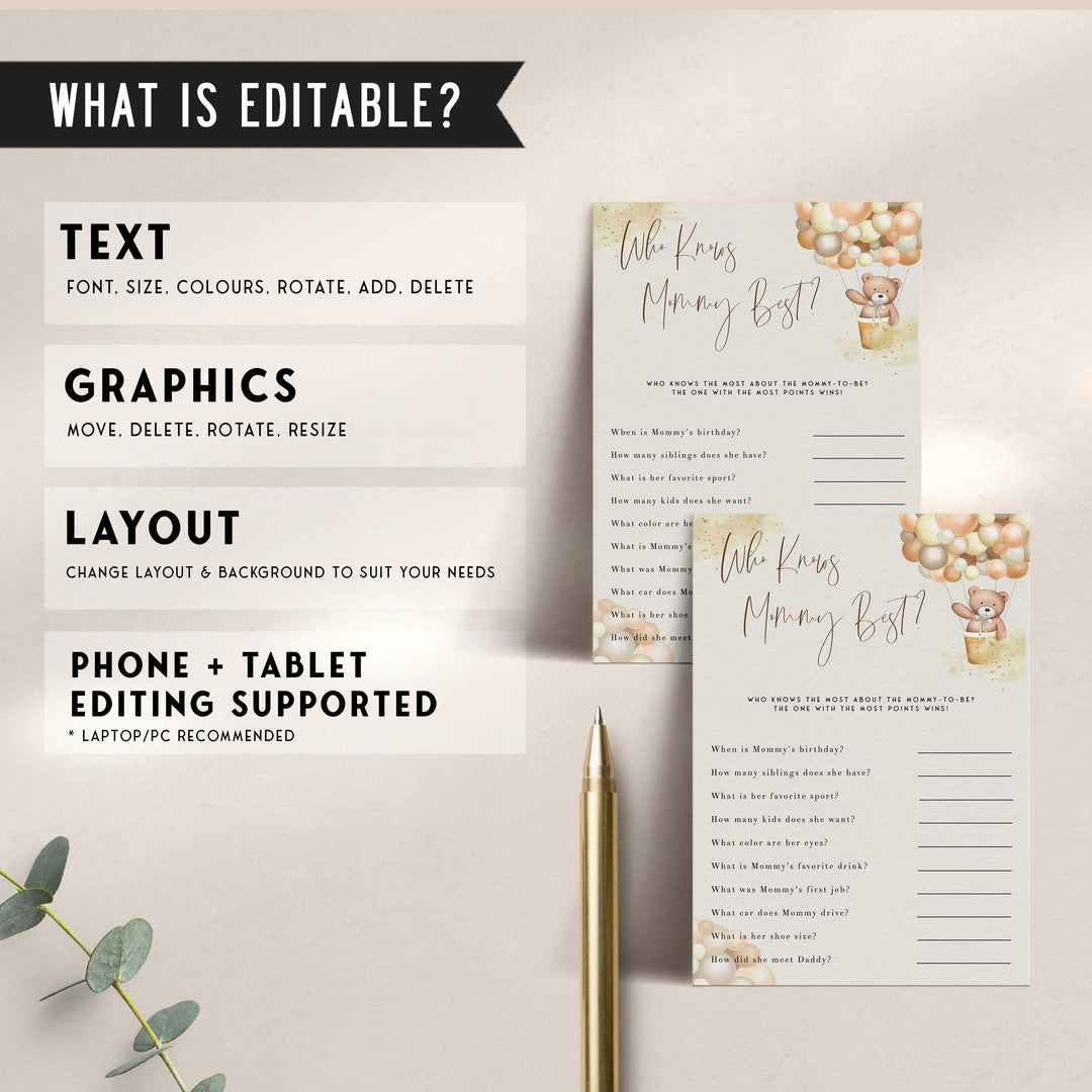Fully editable and printable baby shower who knows mommy best game with a hot air balloon teddy bear, we can bearly wait design. Perfect for a We Can Bearly Wait baby shower themed party