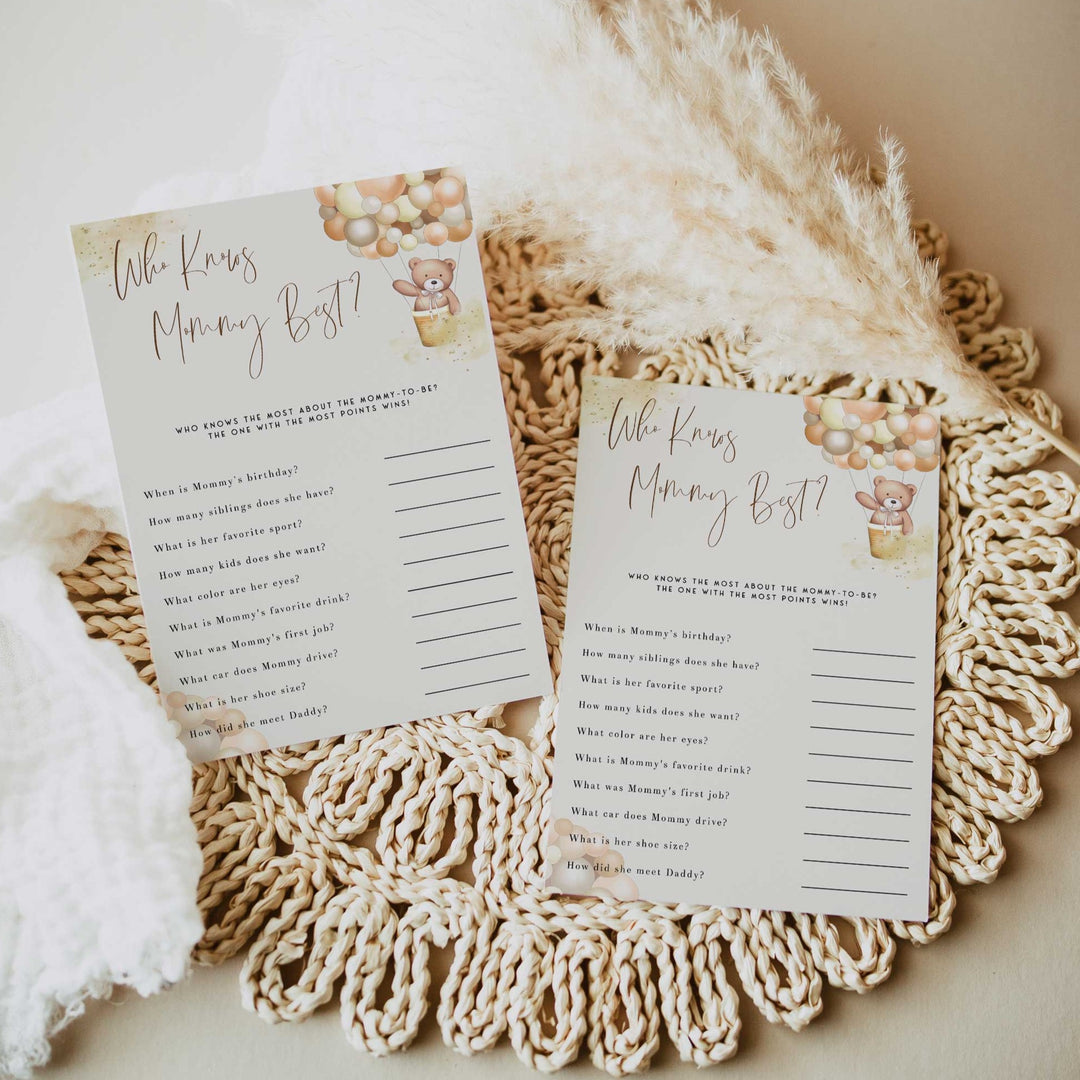 Fully editable and printable baby shower who knows mommy best game with a hot air balloon teddy bear, we can bearly wait design. Perfect for a We Can Bearly Wait baby shower themed party