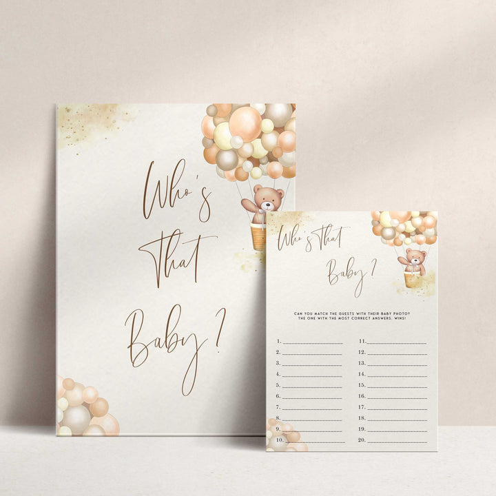 Fully editable and printable baby shower who's that baby game with a hot air balloon teddy bear, we can bearly wait design. Perfect for a We Can Bearly Wait baby shower themed party