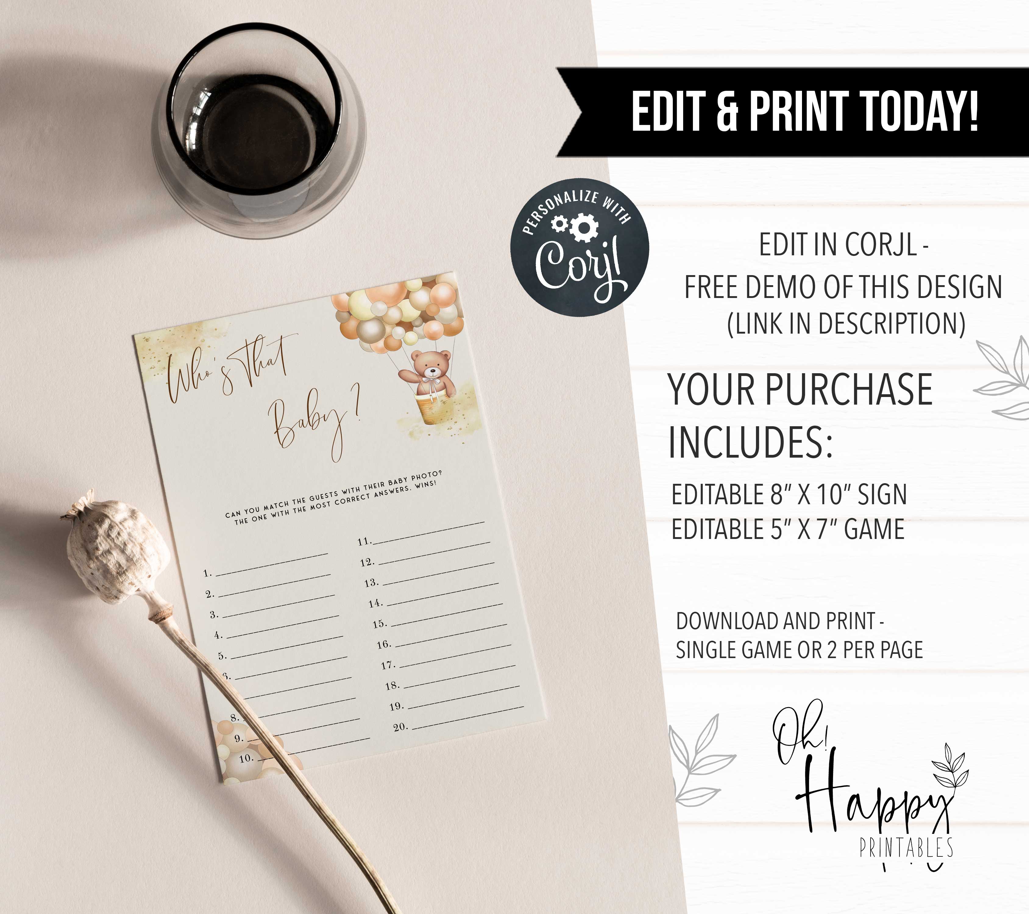 Fully editable and printable baby shower who's that baby game with a hot air balloon teddy bear, we can bearly wait design. Perfect for a We Can Bearly Wait baby shower themed party