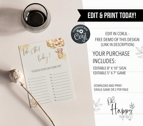 Fully editable and printable baby shower who's that baby game with a hot air balloon teddy bear, we can bearly wait design. Perfect for a We Can Bearly Wait baby shower themed party