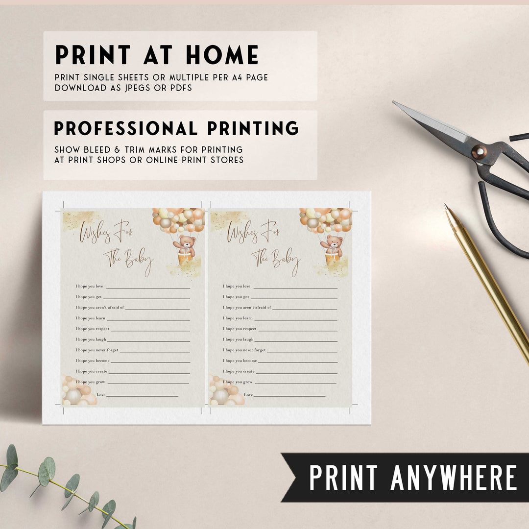 Fully editable and printable baby shower wishes for the baby game with a hot air balloon teddy bear, we can bearly wait design. Perfect for a We Can Bearly Wait baby shower themed party