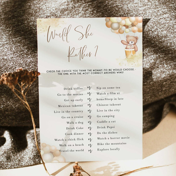 Fully editable and printable baby shower would she rather game with a hot air balloon teddy bear, we can bearly wait design. Perfect for a We Can Bearly Wait baby shower themed party