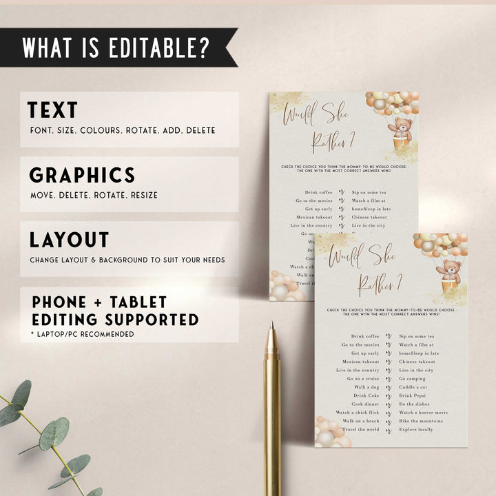 Fully editable and printable baby shower would she rather game with a hot air balloon teddy bear, we can bearly wait design. Perfect for a We Can Bearly Wait baby shower themed party