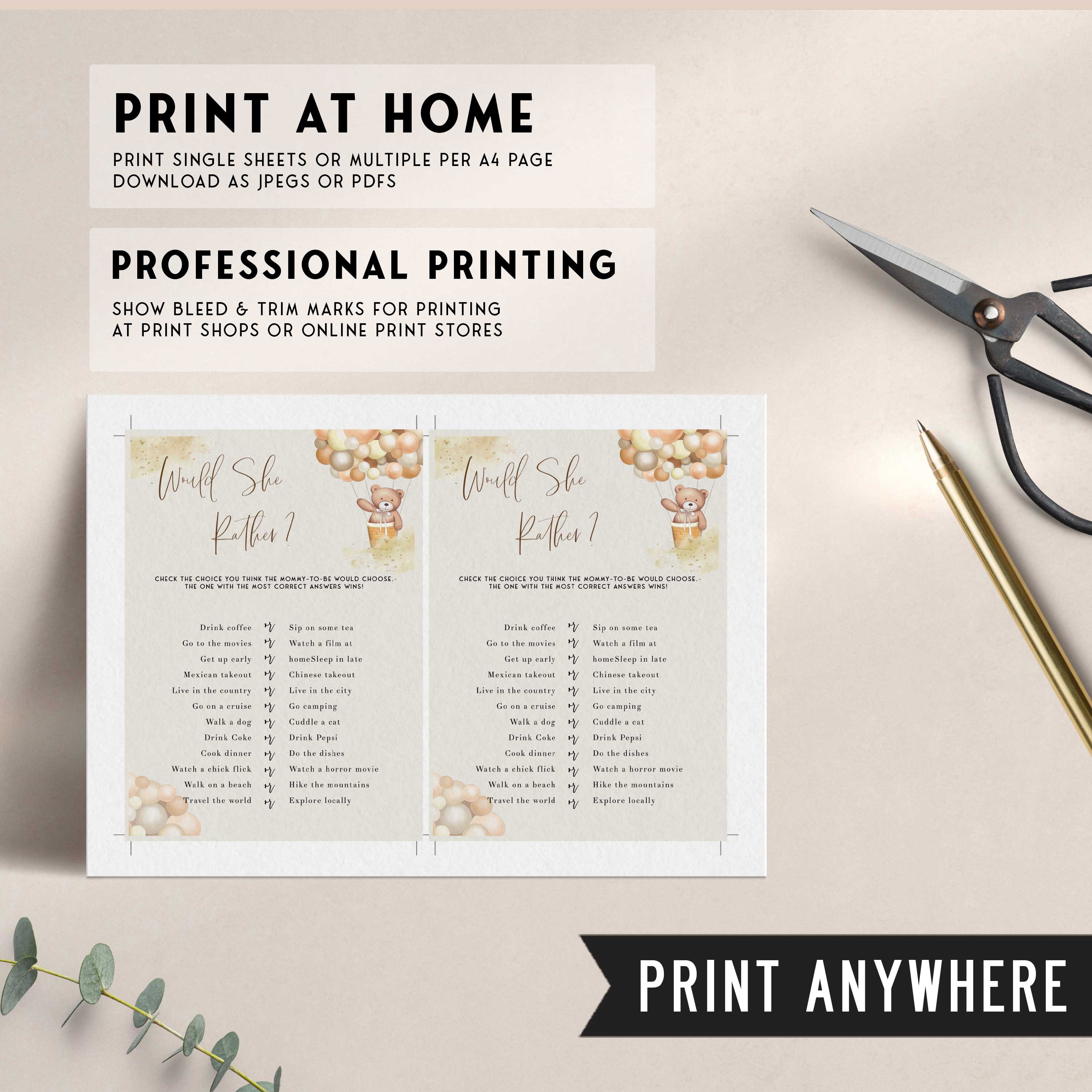 Fully editable and printable baby shower would she rather game with a hot air balloon teddy bear, we can bearly wait design. Perfect for a We Can Bearly Wait baby shower themed party