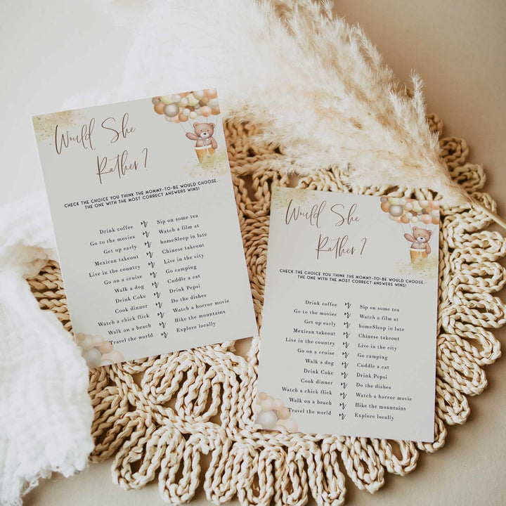 Fully editable and printable baby shower would she rather game with a hot air balloon teddy bear, we can bearly wait design. Perfect for a We Can Bearly Wait baby shower themed party
