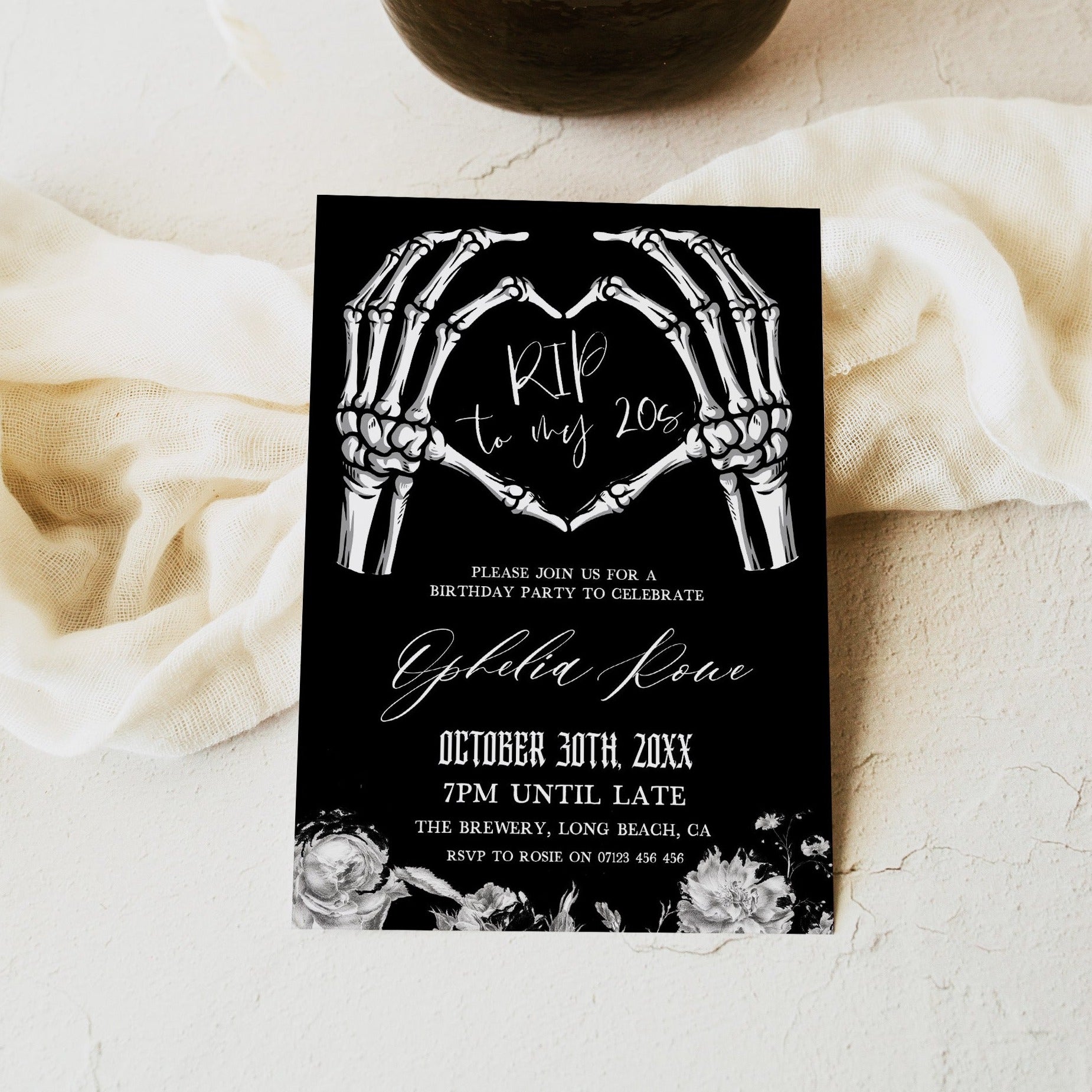 fully editable invitation and mobile invitation celebrating the death of my twenties. Gothic death to my twenties invitation suite