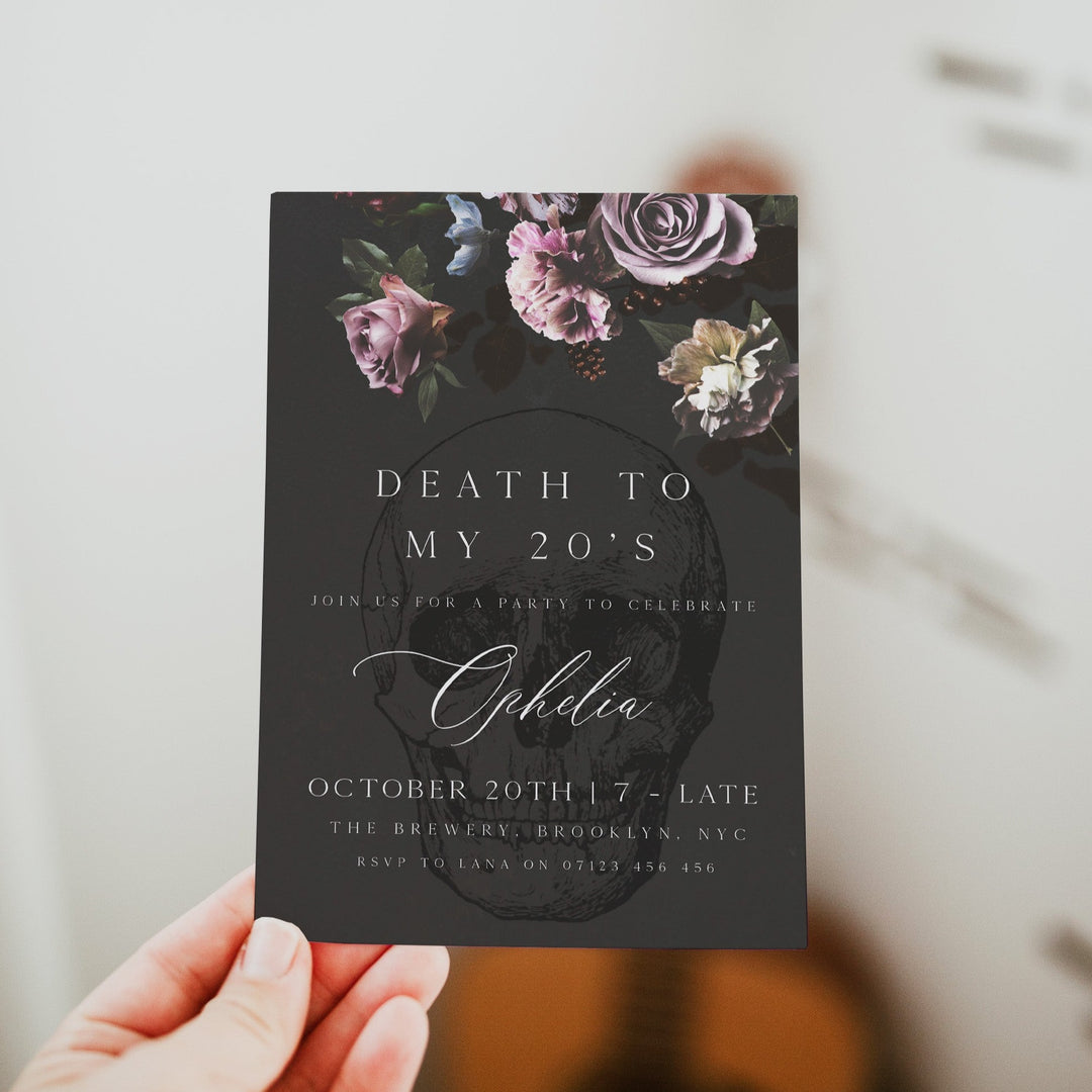fully editable invitation and mobile invitation celebrating the death of my twenties. Gothic death to my twenties invitation suite