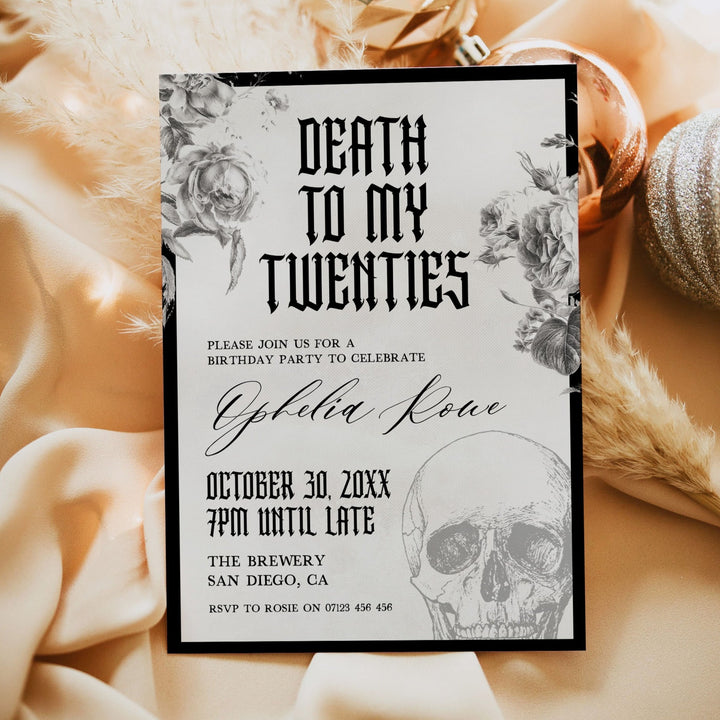 fully editable invitation and mobile invitation celebrating the death of my twenties. Gothic death to my twenties invitation suite