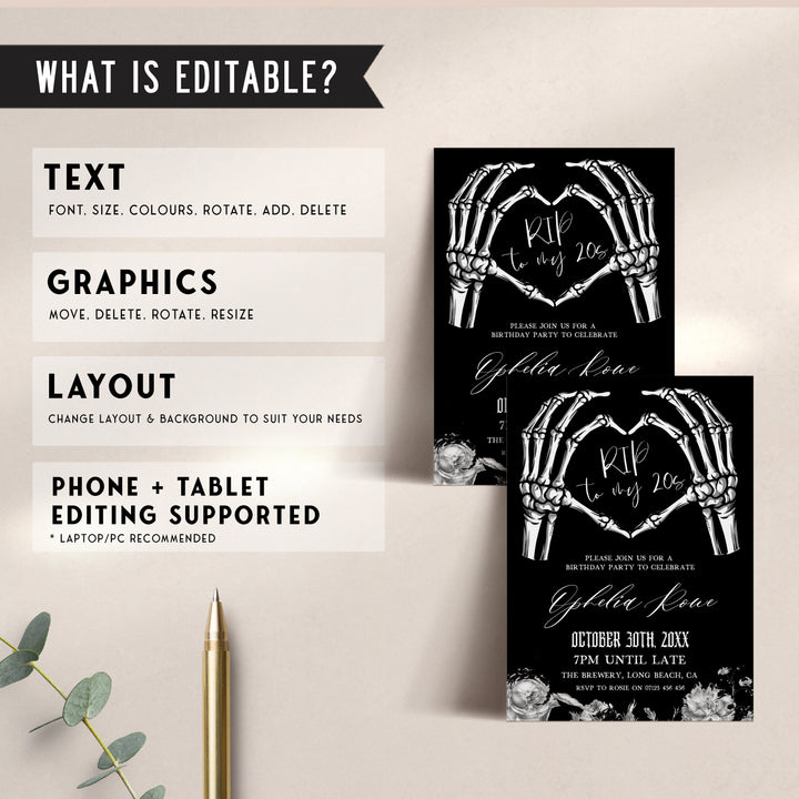 fully editable invitation and mobile invitation celebrating the death of my twenties. Gothic death to my twenties invitation suite
