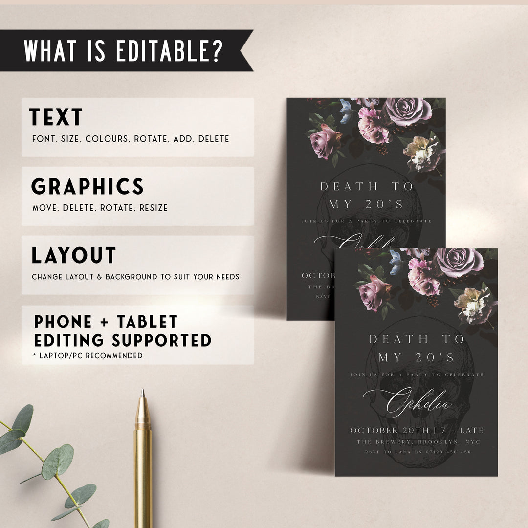 fully editable invitation and mobile invitation celebrating the death of my twenties. Gothic death to my twenties invitation suite