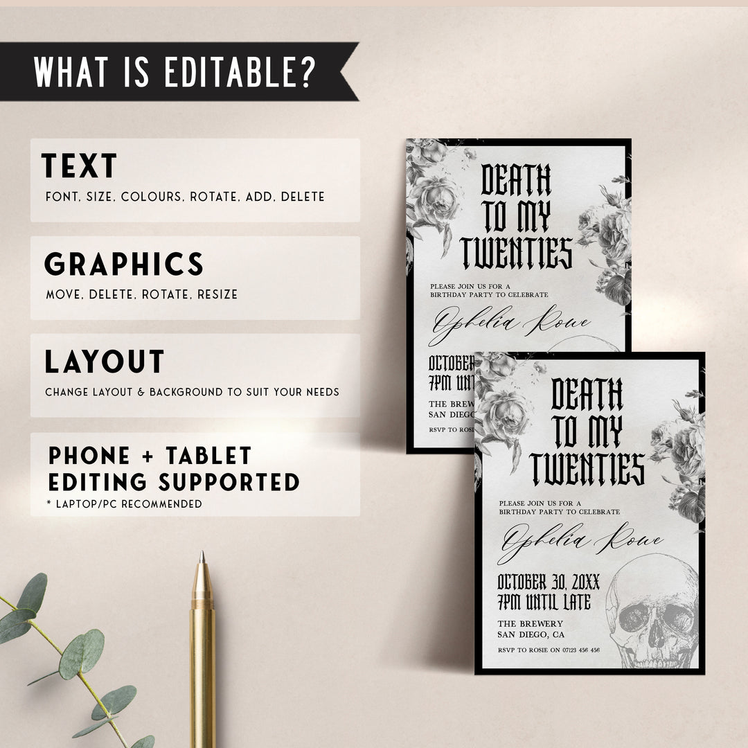 fully editable invitation and mobile invitation celebrating the death of my twenties. Gothic death to my twenties invitation suite