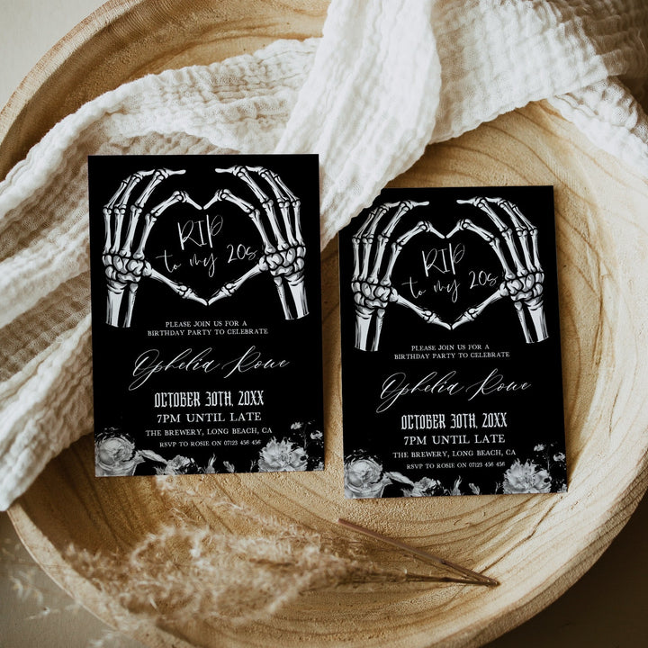 fully editable invitation and mobile invitation celebrating the death of my twenties. Gothic death to my twenties invitation suite