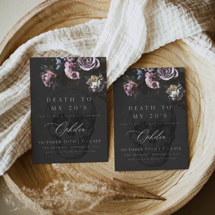 fully editable invitation and mobile invitation celebrating the death of my twenties. Gothic death to my twenties invitation suite