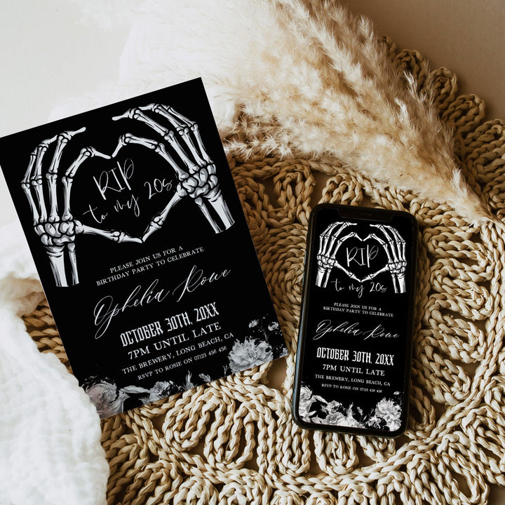fully editable invitation and mobile invitation celebrating the death of my twenties. Gothic death to my twenties invitation suite