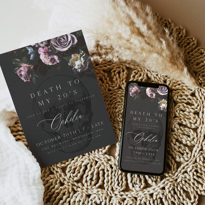 fully editable invitation and mobile invitation celebrating the death of my twenties. Gothic death to my twenties invitation suite