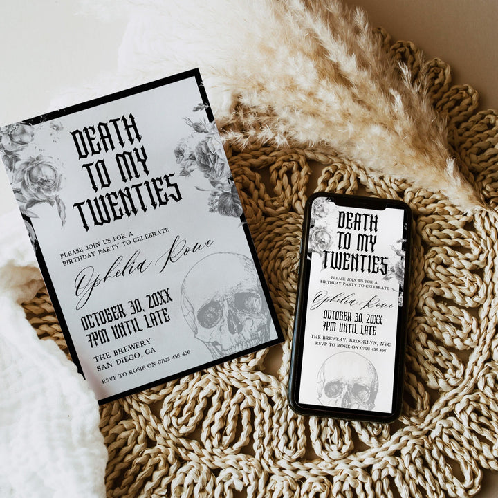 fully editable invitation and mobile invitation celebrating the death of my twenties. Gothic death to my twenties invitation suite