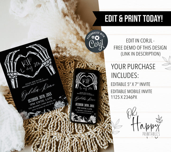 fully editable invitation and mobile invitation celebrating the death of my twenties. Gothic death to my twenties invitation suite