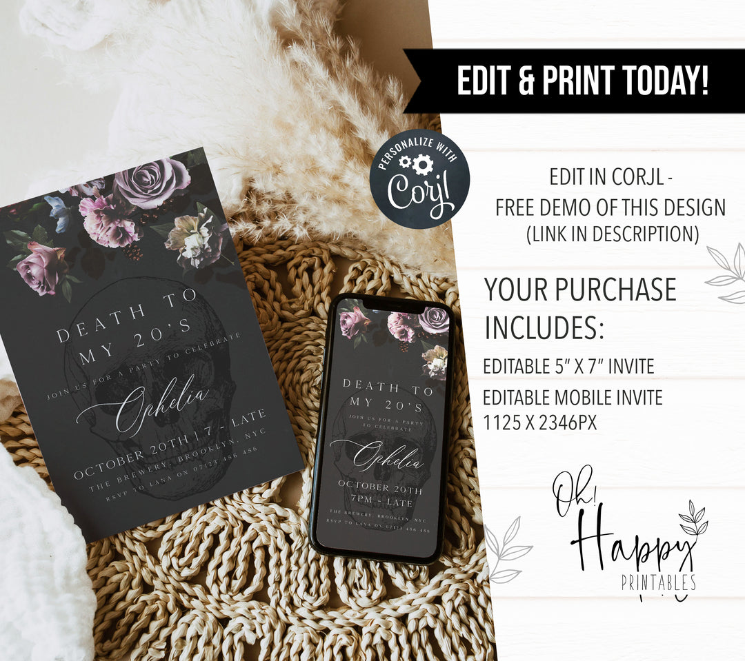 fully editable invitation and mobile invitation celebrating the death of my twenties. Gothic death to my twenties invitation suite