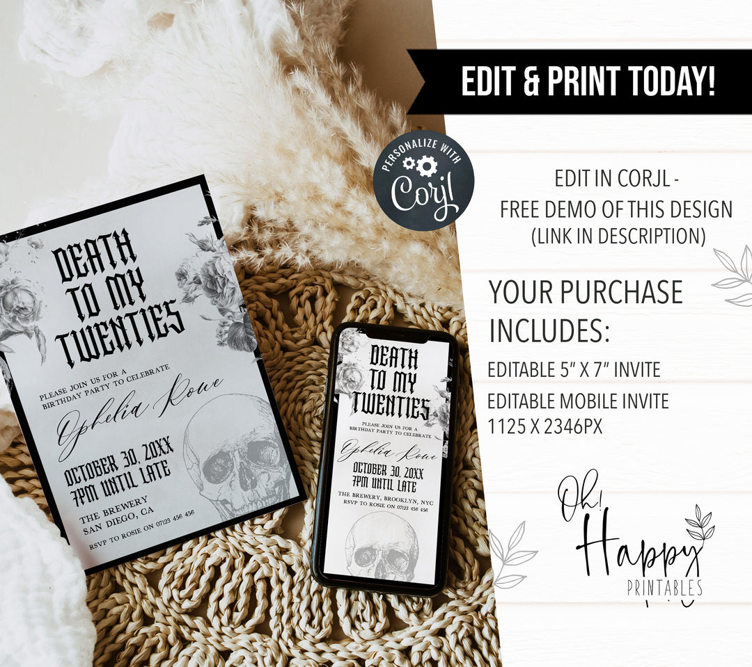 fully editable invitation and mobile invitation celebrating the death of my twenties. Gothic death to my twenties invitation suite