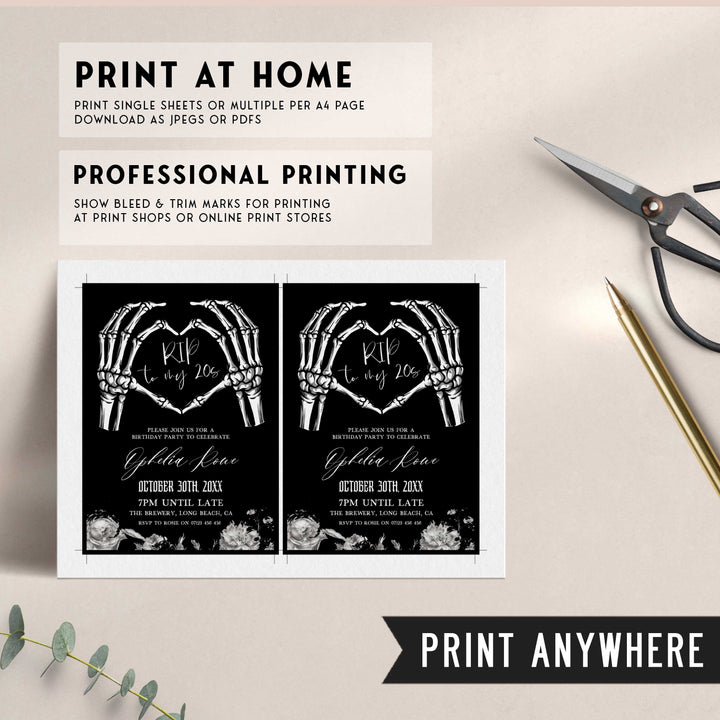 fully editable invitation and mobile invitation celebrating the death of my twenties. Gothic death to my twenties invitation suite