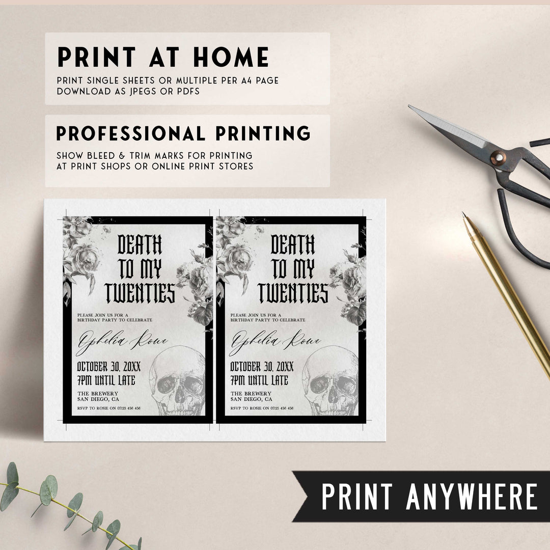 fully editable invitation and mobile invitation celebrating the death of my twenties. Gothic death to my twenties invitation suite