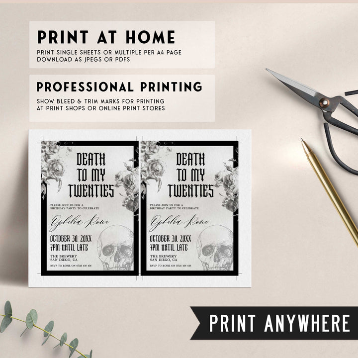 fully editable invitation and mobile invitation celebrating the death of my twenties. Gothic death to my twenties invitation suite