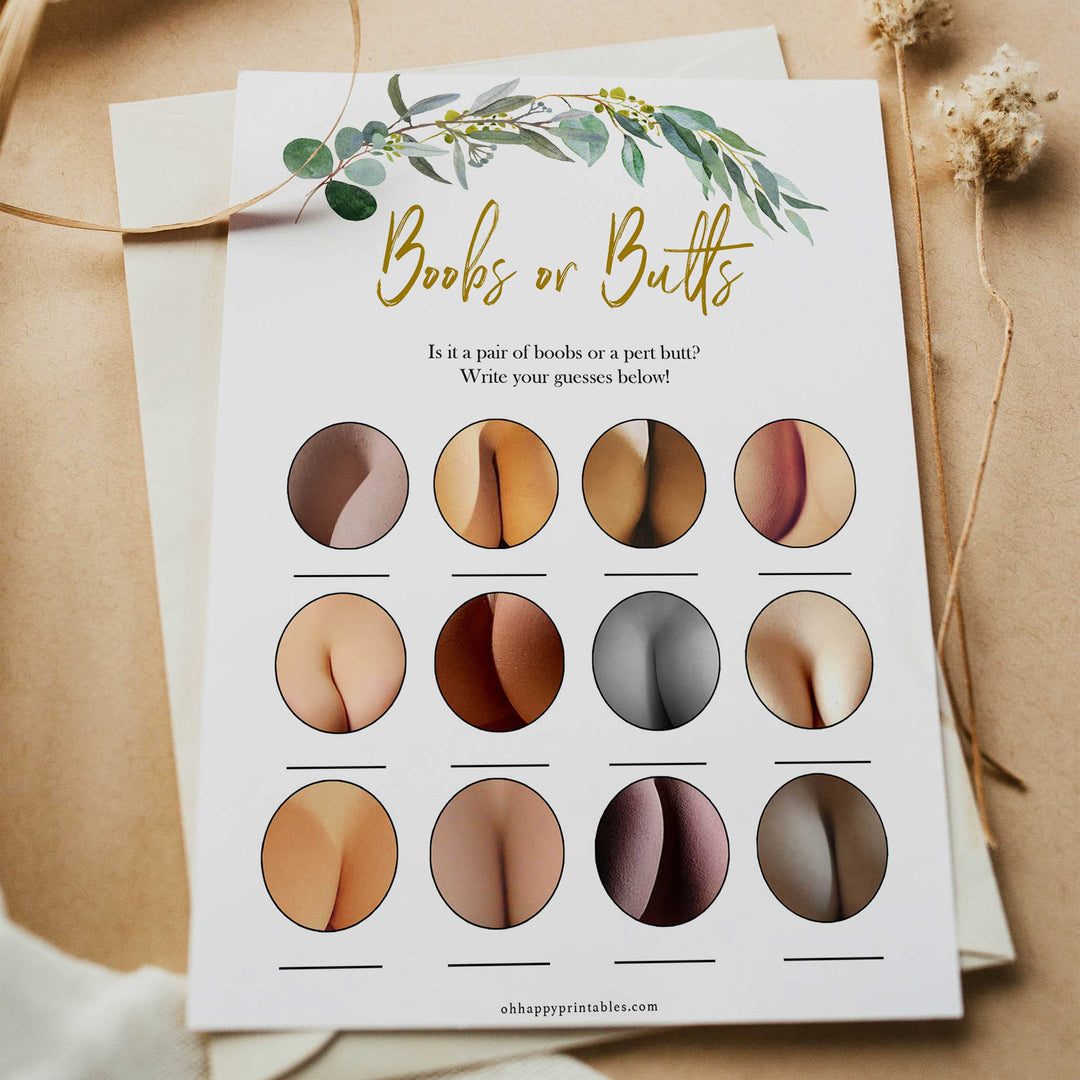 Eucalyptus baby shower games, boobs or butts baby game, fun baby shower games, printable baby games, baby shower ideas, baby games, baby shower baby shower bundle, baby shower games packs, botanical baby shower