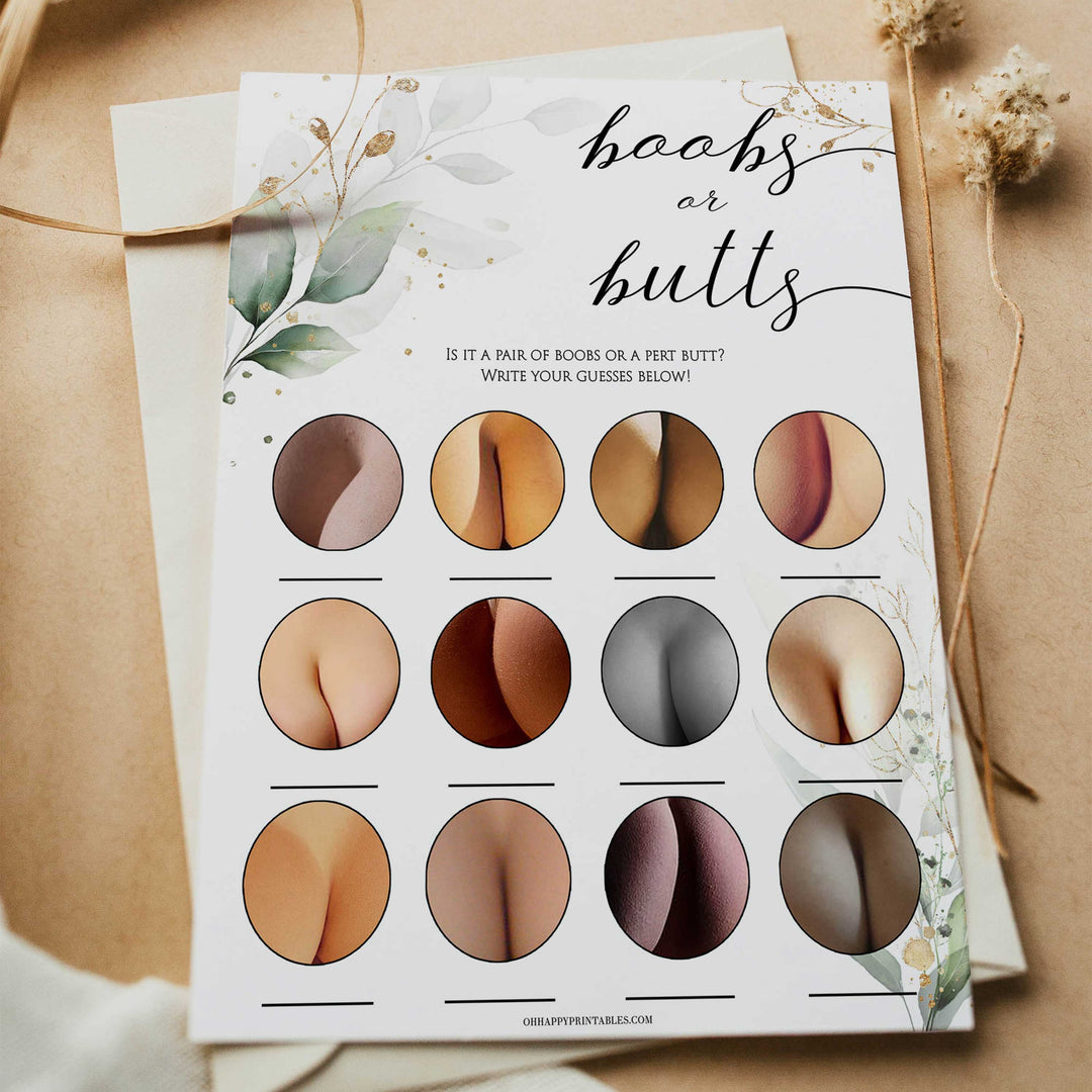 Gold green leaf baby games, boobs or butts guessing game, printable baby games, fun baby games, top baby games to play, gold leaf baby shower, greenery baby shower ideas