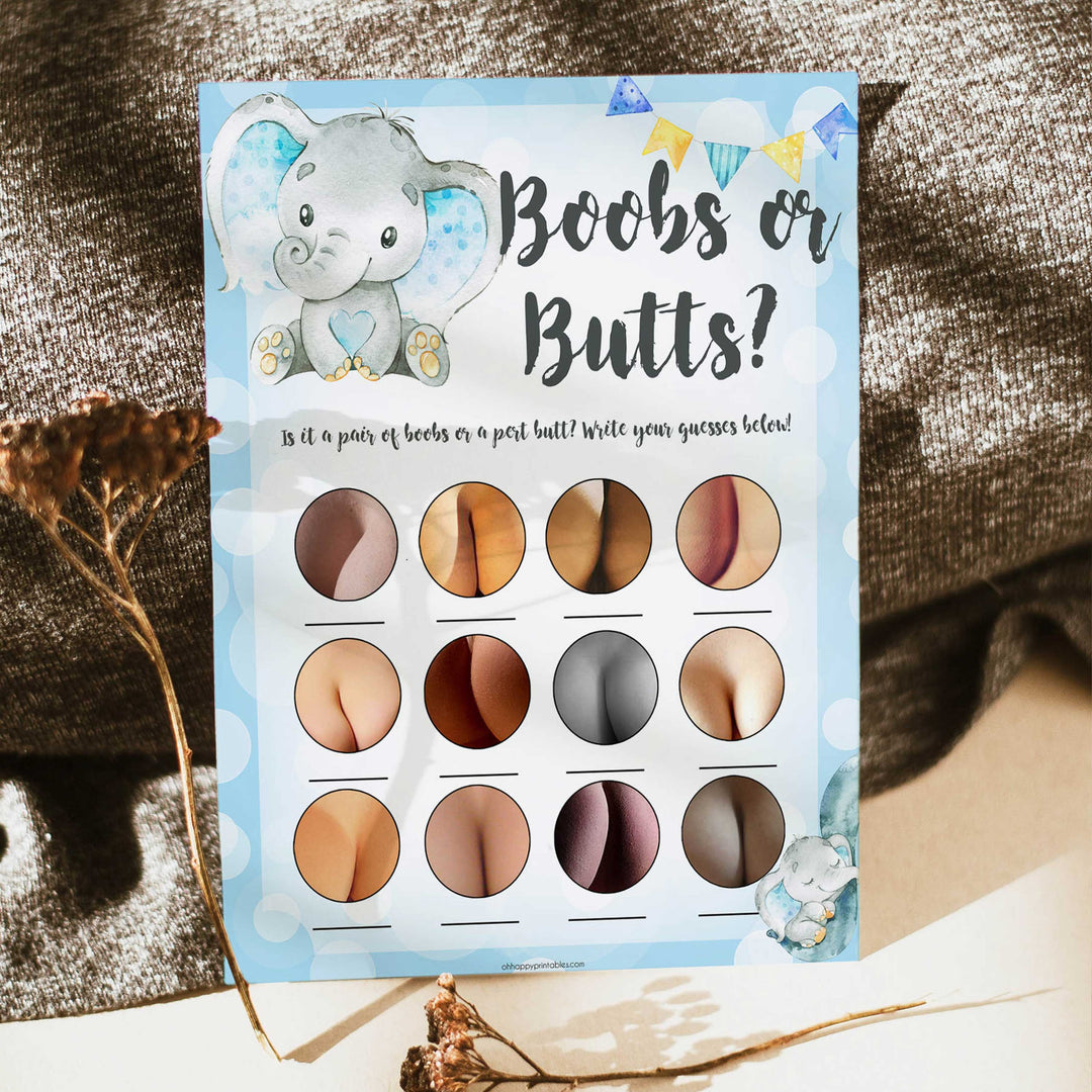 Blue elephant baby games, boobs or butts, elephant baby games, printable baby games, top baby games, best baby shower games, baby shower ideas, fun baby games, elephant baby shower
