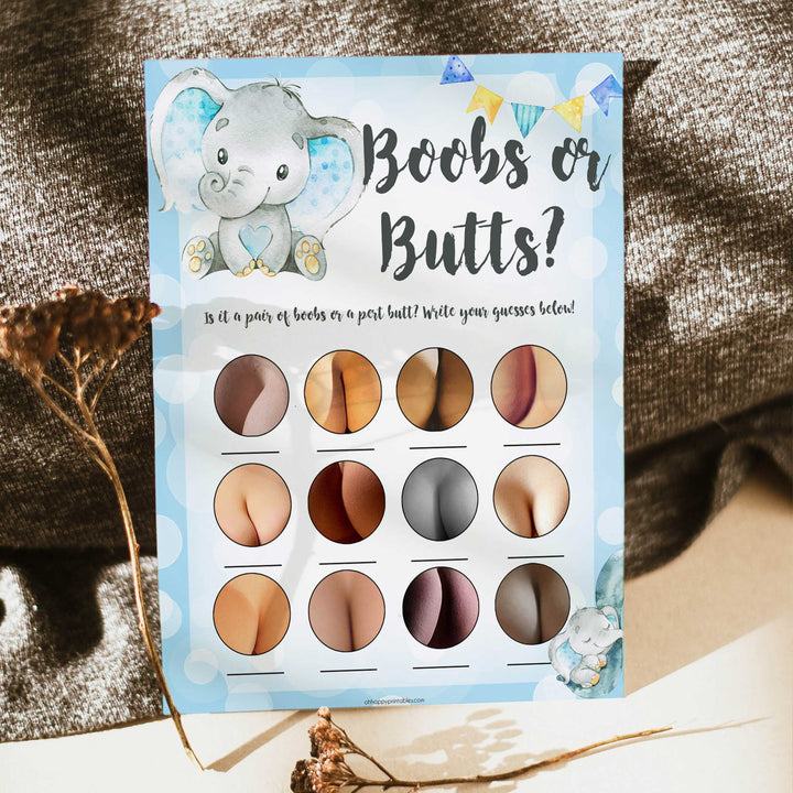 Blue elephant baby games, boobs or butts, elephant baby games, printable baby games, top baby games, best baby shower games, baby shower ideas, fun baby games, elephant baby shower