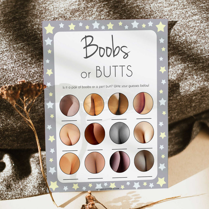 Grey Yellow Stars Boobs or Butts Game, Printable Baby Shower Games, Boobs or Butts Game, Baby Shower Games, Boob Baby Game, Baby Games, popular baby games, fun baby shower games