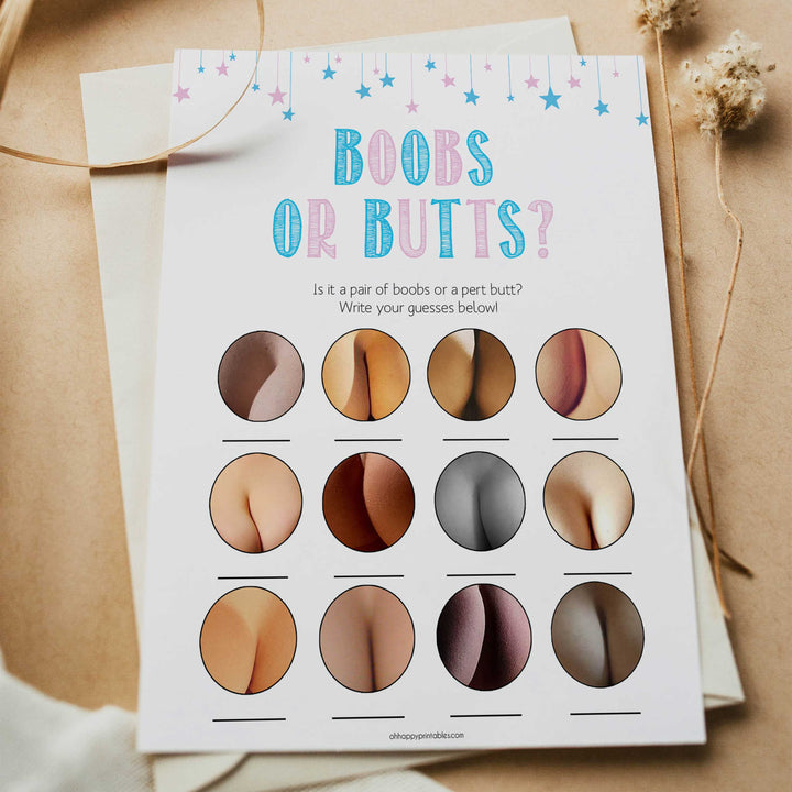 Gender reveal baby games, boobs or butts baby game, gender reveal shower, fun baby games, gender reveal ideas, popular baby games, best baby games, printable baby games, gender reveal baby games