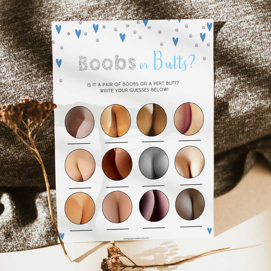 Boobs or butts baby shower game, Printable baby shower games, small blue hearts fun baby games, baby shower games, fun baby shower ideas, top baby shower ideas, silver baby shower, blue hearts baby shower ideas
