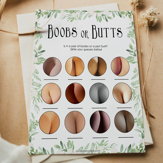 Greenery Boobs or Butts Game, Printable Baby Shower Games, Boobs or Butts Game, Leaf Baby Shower Games, Boobs Baby Game, Fun Baby Games, fun baby shower games, popular baby shower games