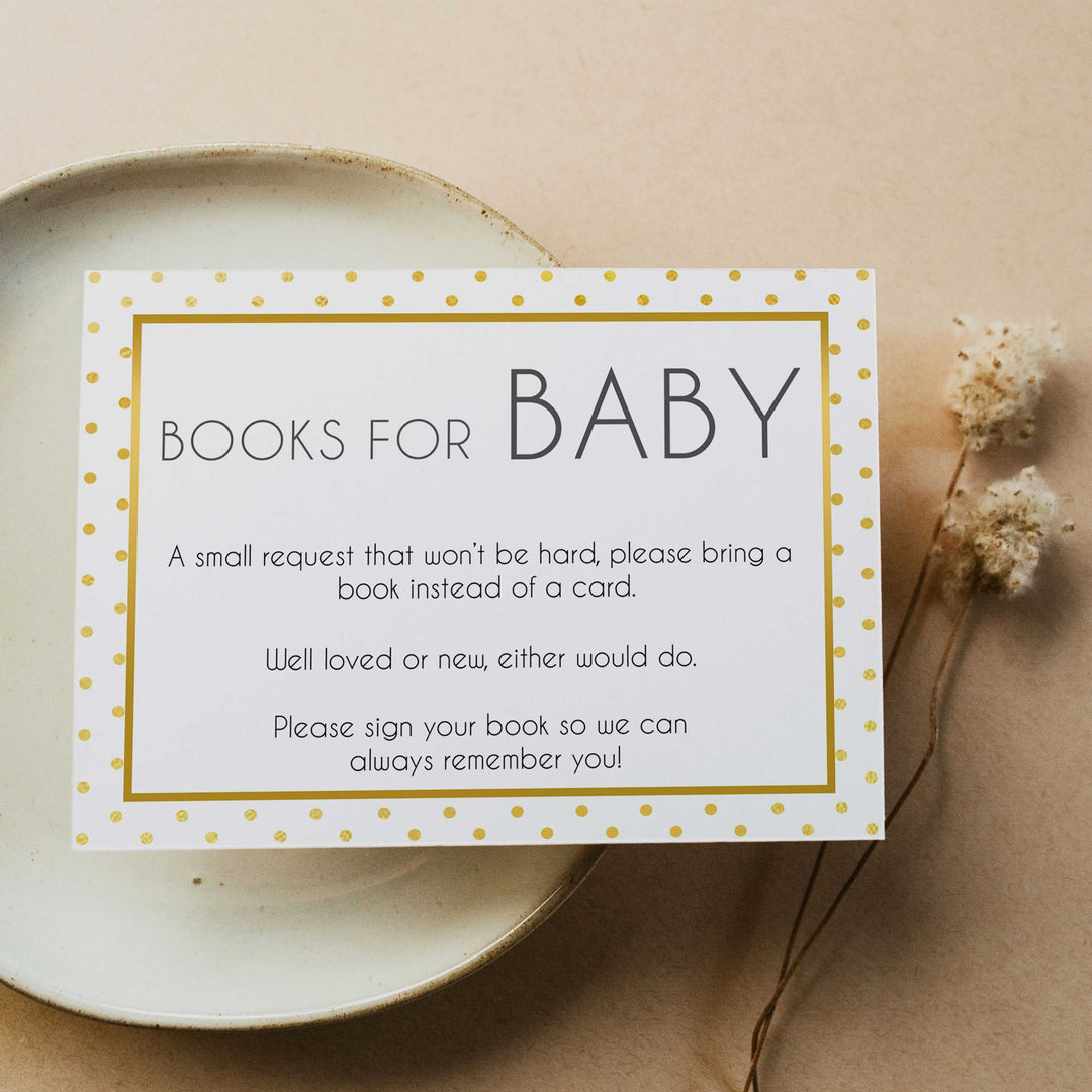 bring a book, books or baby insert, Printable baby shower games, baby gold dots fun baby games, baby shower games, fun baby shower ideas, top baby shower ideas, gold glitter shower baby shower, friends baby shower ideas