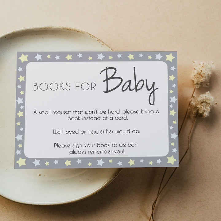 grey & yellow stars, bring a book, books for baby, printable baby shower games, fun baby games, top baby shower games