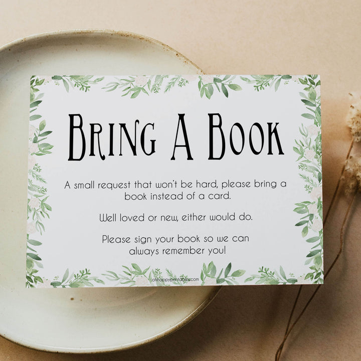 bring a book, books for baby insert, Printable baby shower games, greenery baby shower games, fun floral baby games, botanical baby shower games,
