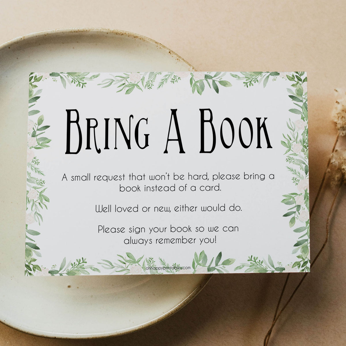 bring a book, books for baby insert, Printable baby shower games, greenery baby shower games, fun floral baby games, botanical baby shower games,