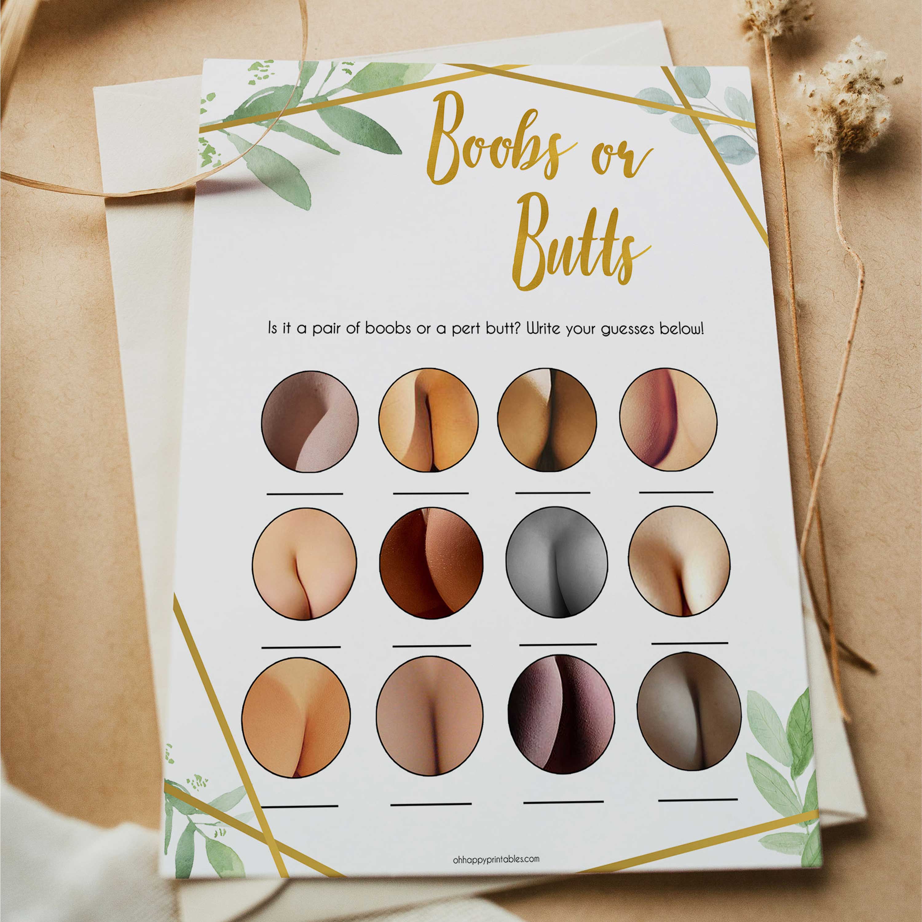 gold geometric Boobs or butts baby shower games, printable baby shower games, fun baby games, popular baby games, gold baby games