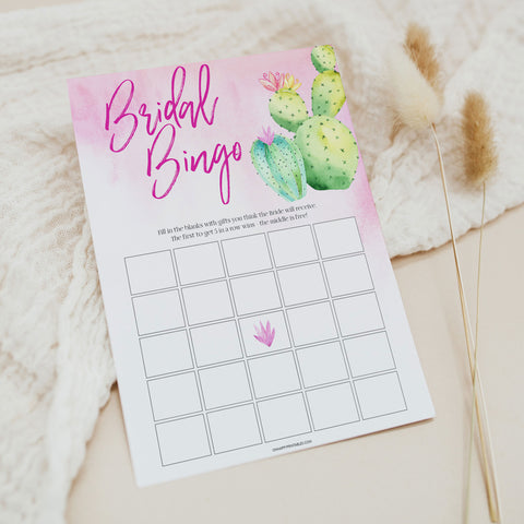 Bridal shower printable game Bridal Bingo, with a pink fiesta background and watercolour cactus design
