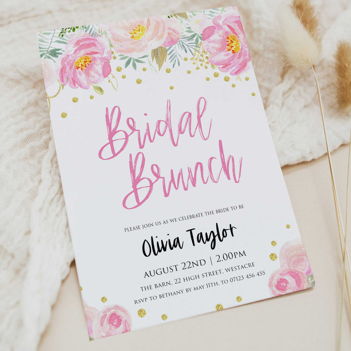 editable bridal brunch invite, blush gold bachelorette invitation, editable bridal shower invitations, corjl invite, bachelorette party invite, floral bridal invite