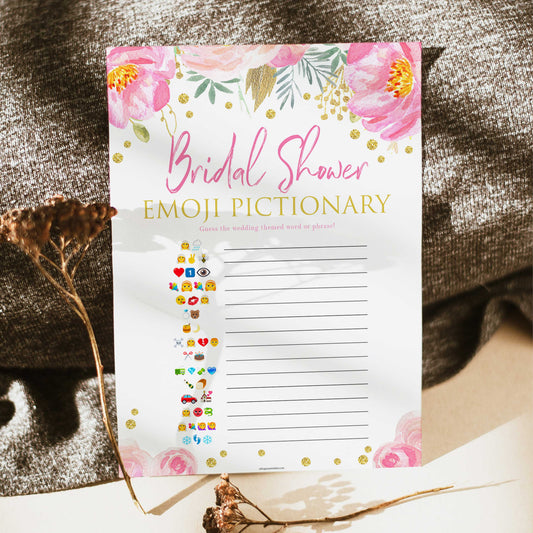 bridal emoji Pictionary game, printable bridal shower games, blush floral bridal shower games, fun bridal shower games