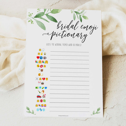 bridal emoji pictionary game, greenery bridal shower, fun bridal shower games, bachelorette party games, floral bridal games, hen party ideas