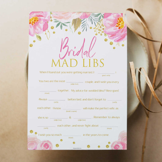 bridal mad libs game, printable bridal shower games, blush floral bridal shower games, fun bridal shower games