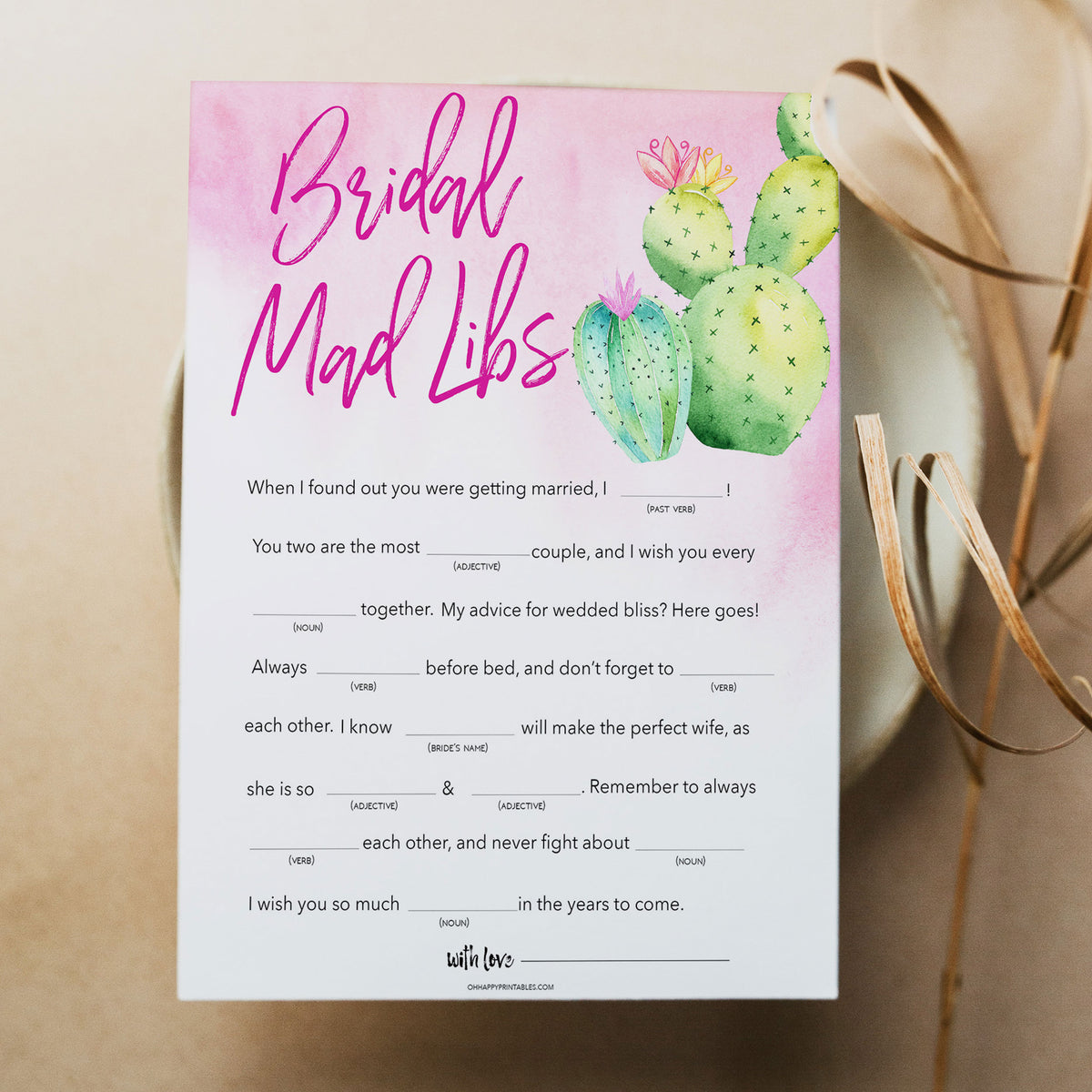 Bridal shower game printable Bridal Mad Libs, with a pink fiesta background and watercolour cactus design