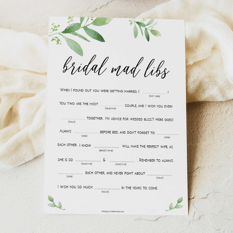 bridal mad libs game, greenery bridal shower, fun bridal shower games, bachelorette party games, floral bridal games, hen party ideas