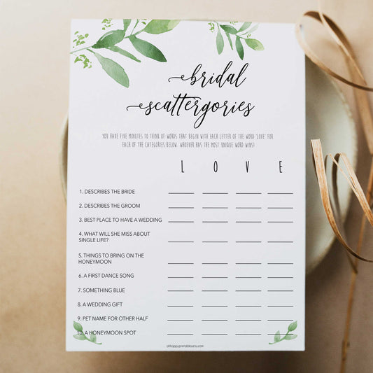 bridal scattergories game, greenery bridal shower, fun bridal shower games, bachelorette party games, floral bridal games, hen party ideas